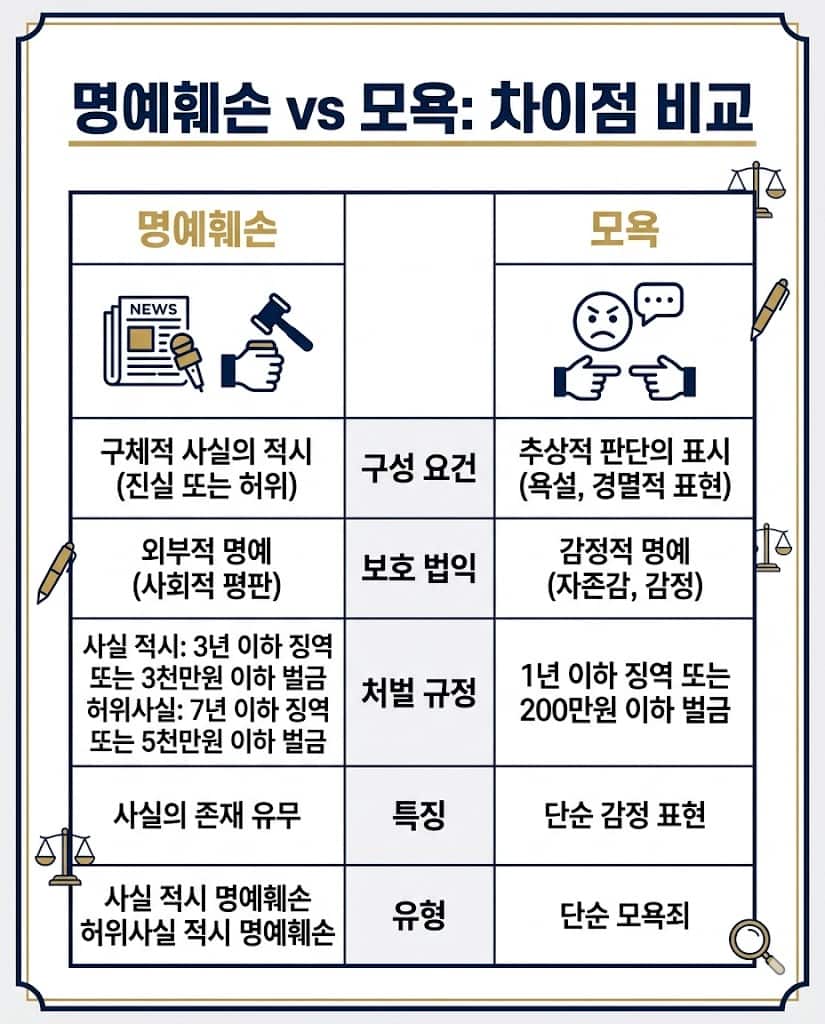 명예훼손과 모욕죄의 성립 요건인 사실 적시 여부와 법정형 차이를 한눈에 비교할 수 있도록 정리한 인포그래픽 표.
