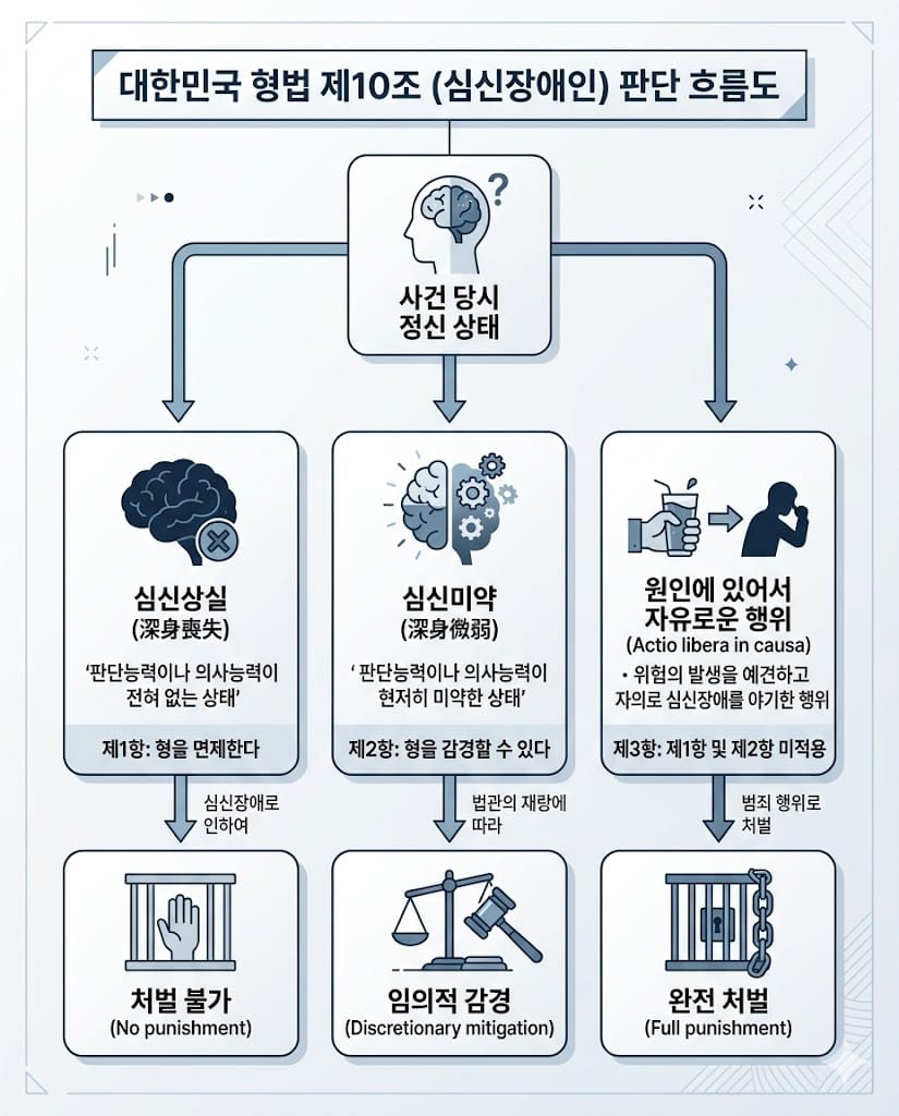 형법 제10조 제1항 심신상실, 제2항 심신미약, 제3항 원인에 있어서 자유로운 행위의 차이점과 그에 따른 처벌 수위를 시각화한 전문 법률 플로우차트 인포그래픽