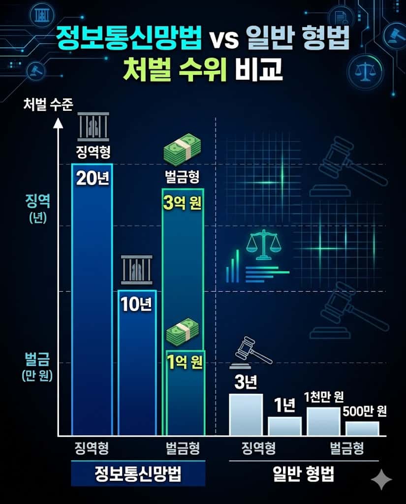 일반 명예훼손 대비 가중 처벌되는 사이버 명예훼손의 벌금형과 징역형 수치를 시각화한 막대 그래프 데이터 이미지.