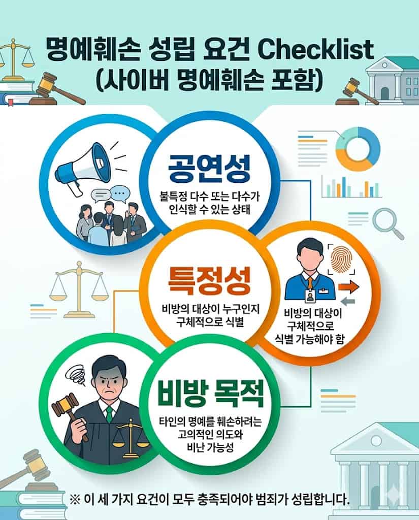단톡방 내 발언이 유죄로 인정되기 위해 반드시 필요한 공연성, 특정성, 비방 목적의 개념을 요약한 체크리스트 인포그래픽.