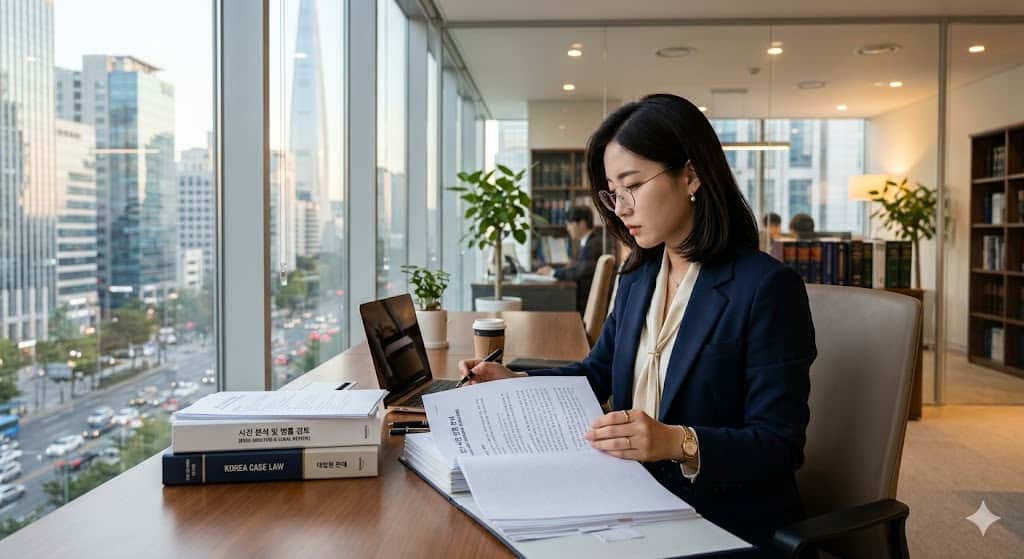 단톡방 비방 사건의 판례를 분석하고 나홀로 소송을 위한 실무 전략을 검토하는 전문직 여성