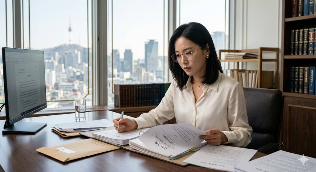 주취 폭행 사건의 증거 자료와 최신 판례를 꼼꼼하게 검토하며 의뢰인을 위한 최선의 법률 솔루션을 도출하는 여성 법무사의 업무 수행 모습