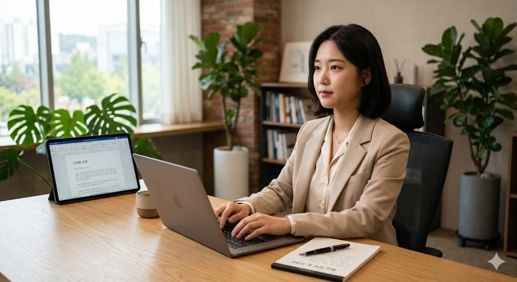 형사 공탁 및 합의금 산정, 진지한 반성문 작성을 위해 전략을 구상하며 노트북으로 서면을 작성하고 있는 미모의 법률 컨설턴트 이미지