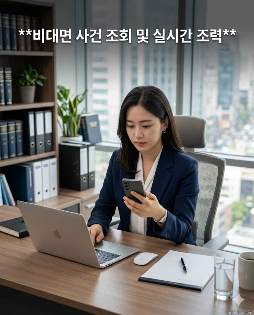 변호인 및 법무사의 도움을 받아 안전하게 비대면으로 사건 수배 여부를 확인하는 모습.