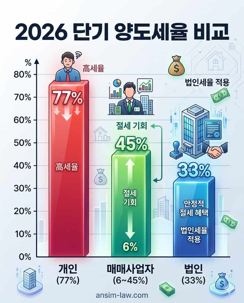 2026년 개정 세법 기준 투자 주체별 단기 양도세율 비교표
