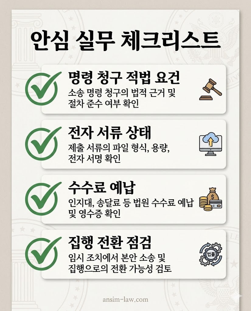치명적 서류 누락을 방지하고 재판부 보정명령을 사전에 완벽히 차단하기 위한 필수 실무 체크리스트.