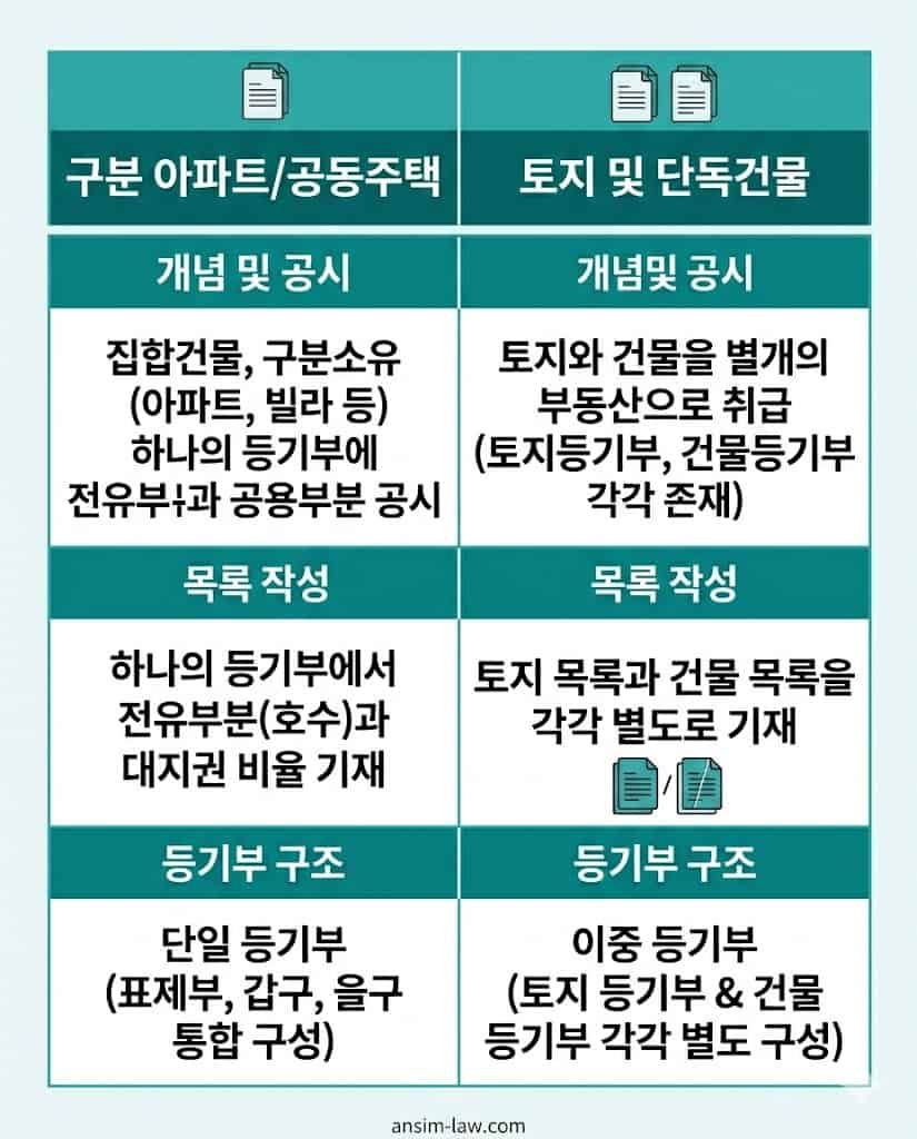 집합건물과 단독주택의 부동산 가압류 목적물 표시 및 별지목록 작성법 비교 표.
