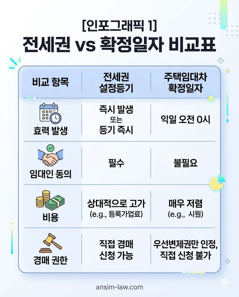 전세권 설정과 확정일자의 법적 효력 및 실무적 차이점 비교표