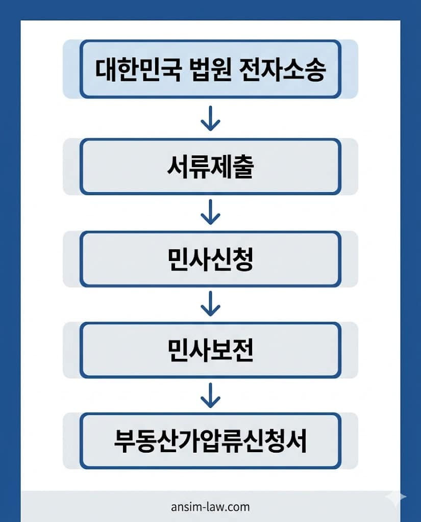 대한민국 법원 전자소송 내 부동산 가압류 신청서 메뉴 진입 경로 플로우차트.