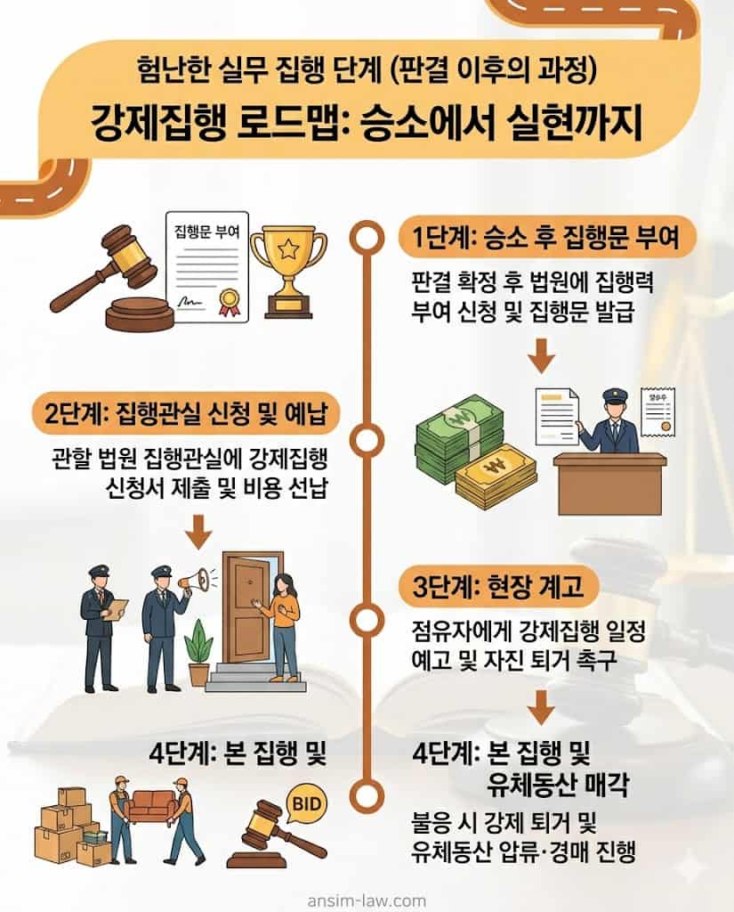 명도소송 승소 후 집행문 부여부터 본 강제집행 및 동산 매각까지 이어지는 실무 절차 타임라인입니다.