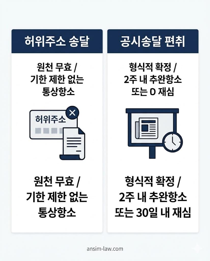 송달 방식에 따른 판결문 편취 사기 구제 수단 및 법적 기한 비교 인포그래픽