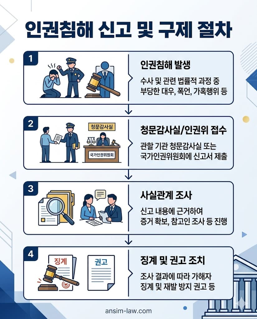 국가인권위원회 및 청문감사실을 통한 권리 구제 절차 단계별 안내도.