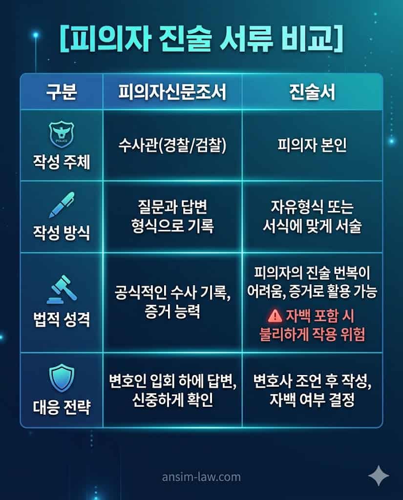 수사기관 작성 피의자신문조서와 피의자 직접 작성 진술서의 법적 차이 비교표