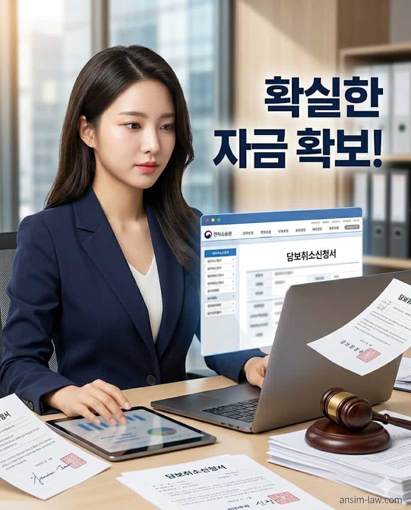 미모의 전문가가 노트북을 이용해 전자소송 담보취소 신청 절차를 전문적으로 처리하는 업무 모습