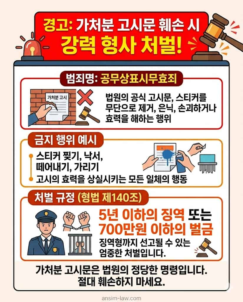 법원 가처분 고시문을 임의로 훼손할 경우 성립되는 공무상표시무효죄의 무거운 형사 처벌 경고문입니다.