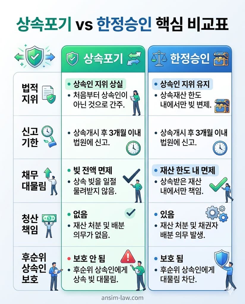 상속포기와 한정승인 장단점 및 법적 효력 핵심 비교표