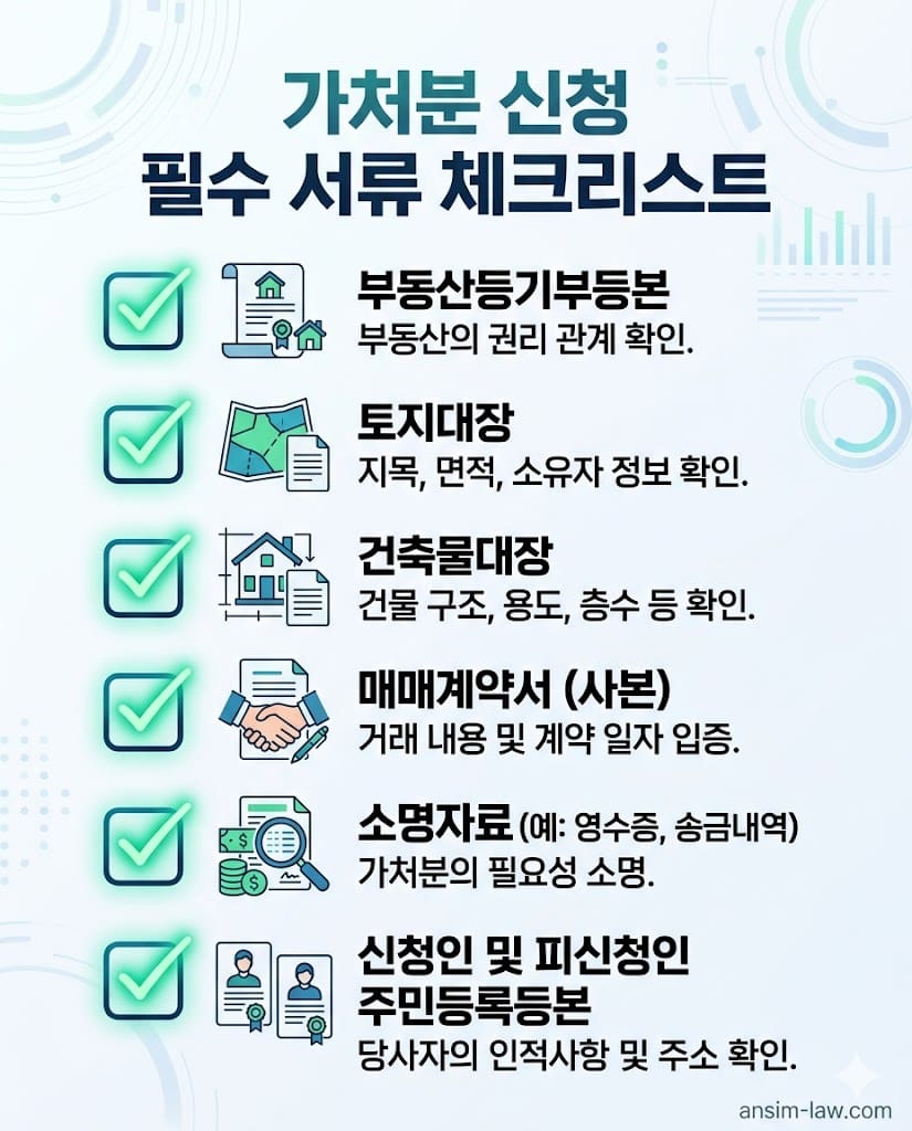 부동산등기부등본, 매매계약서 등 보전처분 신청에 필수적인 첨부 서류 체크리스트.