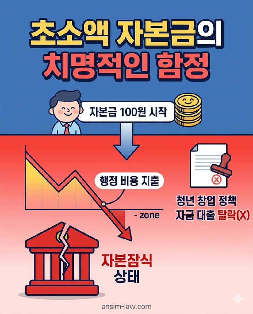 자본금 100원 설립 시 자본잠식과 정책자금 탈락 위험 인포그래픽