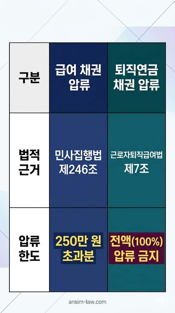 급여 채권과 퇴직연금 채권의 압류 한도 비교 인포그래픽