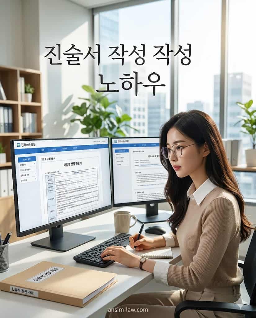 듀얼 모니터로 가압류신청진술서를 꼼꼼하게 작성하는 여성 실무자