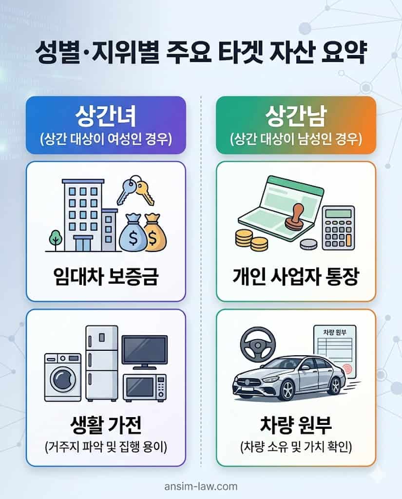 상간녀 및 상간남 가압류 집행 시 효율적인 주요 타겟 자산 종류 요약 가이드