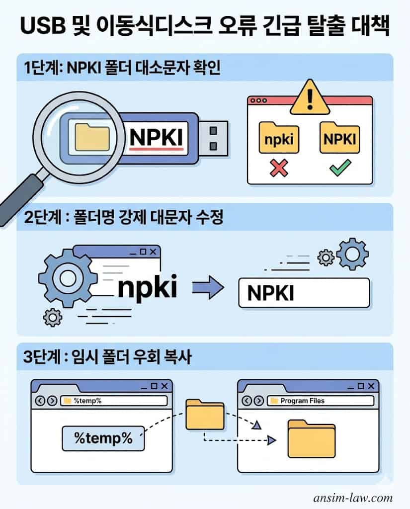 USB 공동인증서 인식 오류 시 NPKI 대소문자 명칭 수정 및 PC 임시 파일 탐색기 경로 복사법을 명시한 한글 가이드라인 인포그래픽