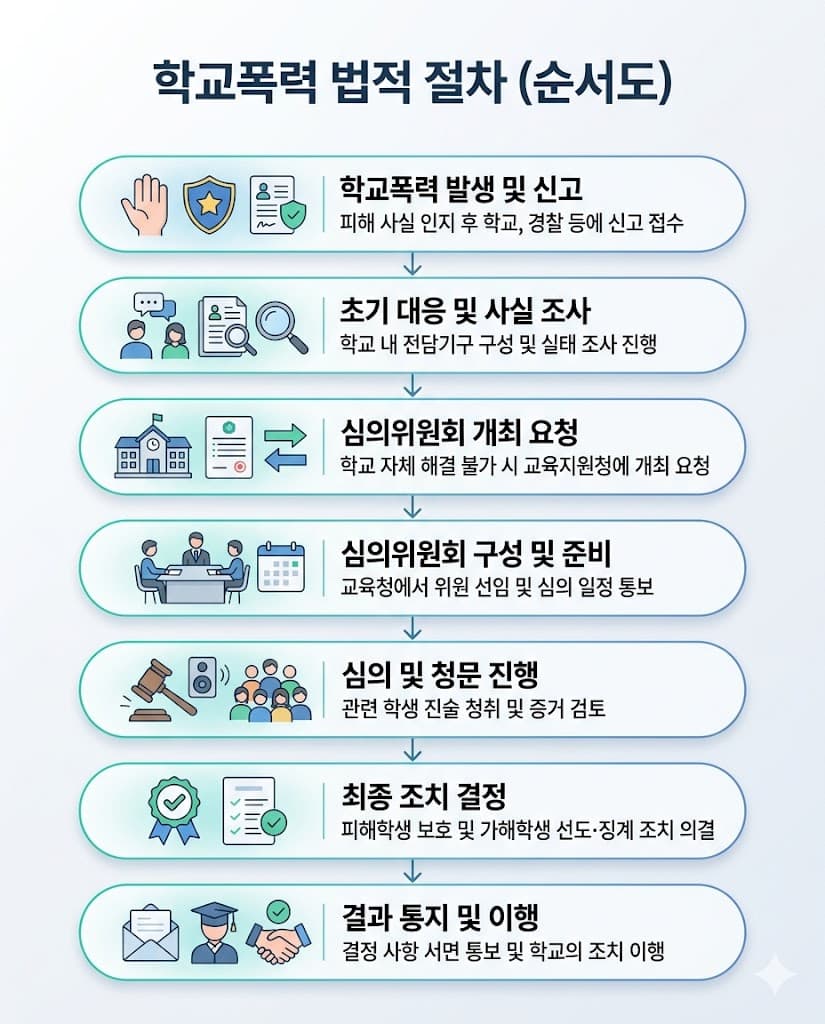 학교폭력 심의위원회 진행 절차 및 대응 단계별 핵심 포인트 인포그래픽.