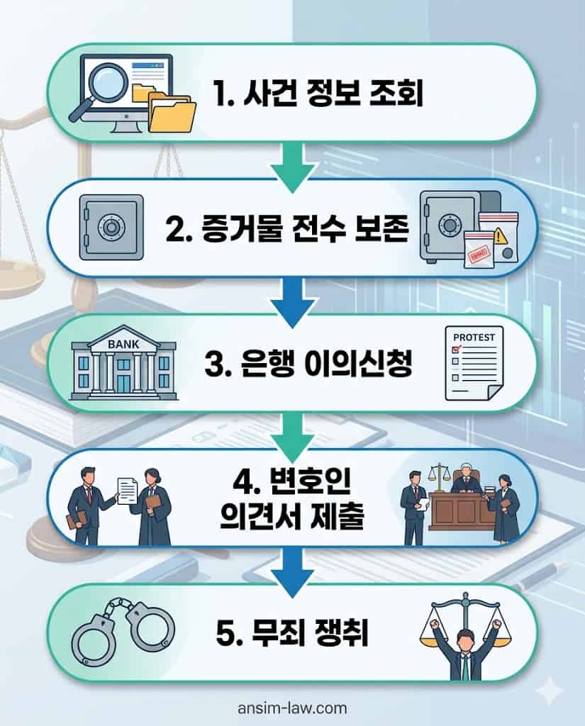 대포통장 연루 시 초기 대응부터 최종 승소까지의 형사 방어 프로세스 흐름도.