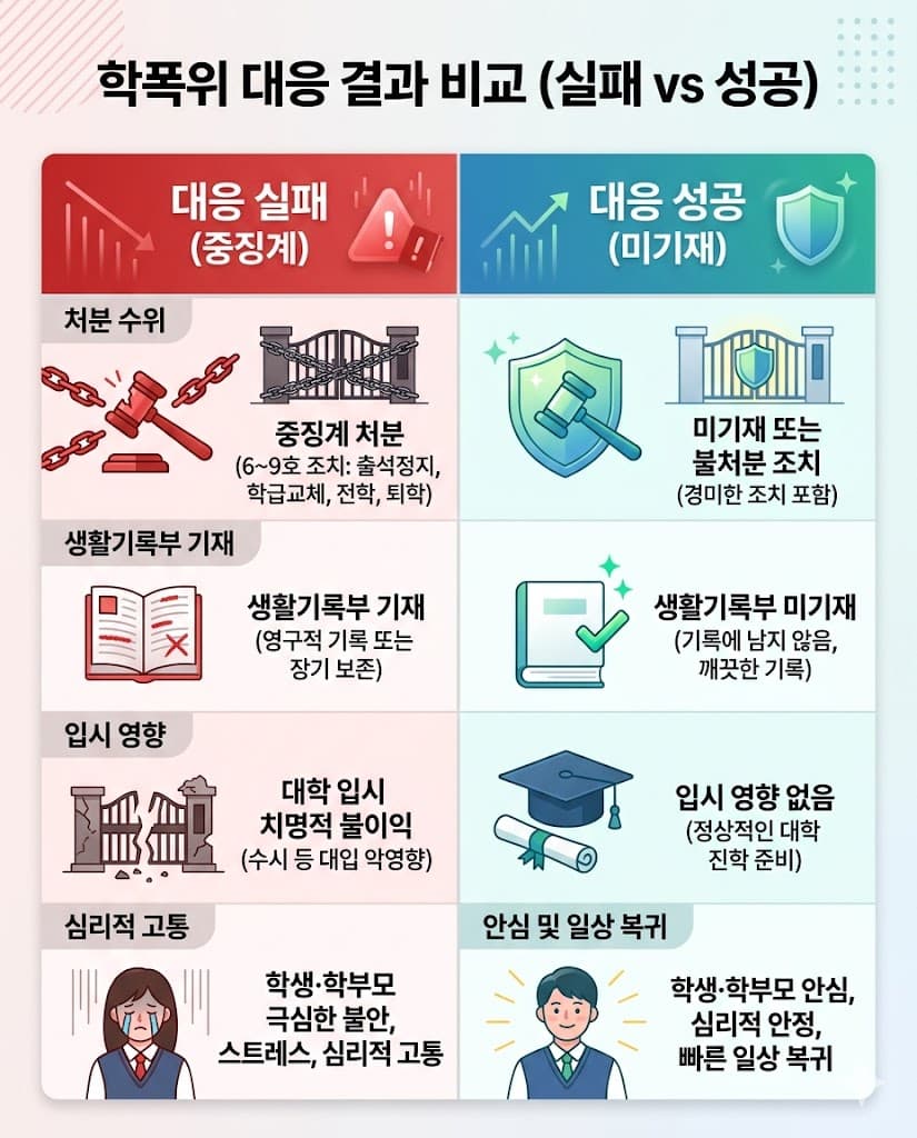 학폭 대응 전략 유무에 따른 대학 입시 결과 및 생기부 기록 비교 분석표.