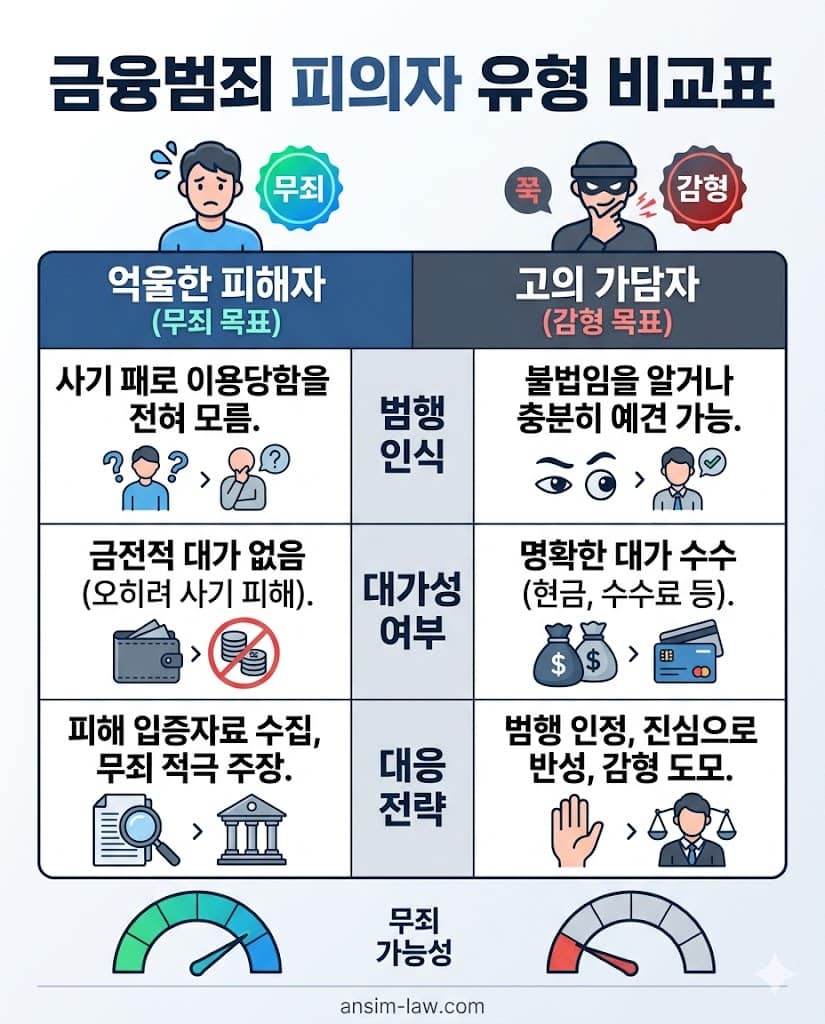 무죄 입증이 가능한 단순 기망 피해자와 고의 가담자의 법리적 차이 비교표.