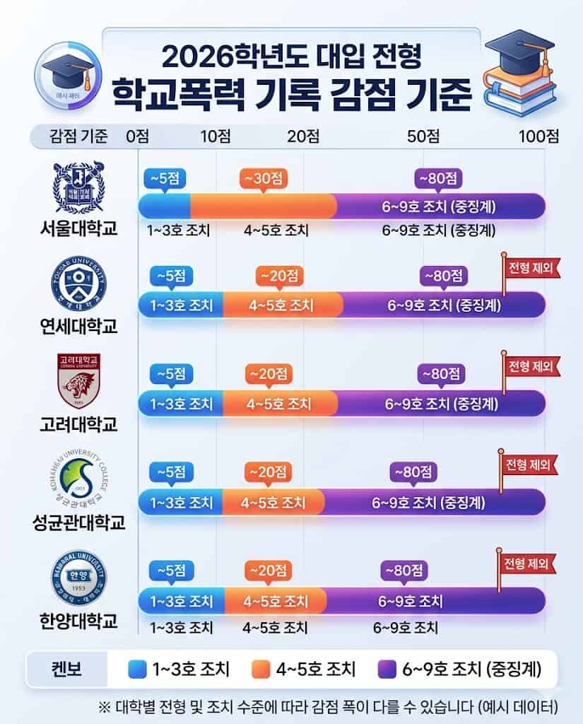 2026 대입 전형별 학교폭력 기록에 따른 대학별 감점 기준 및 불이익 통계.