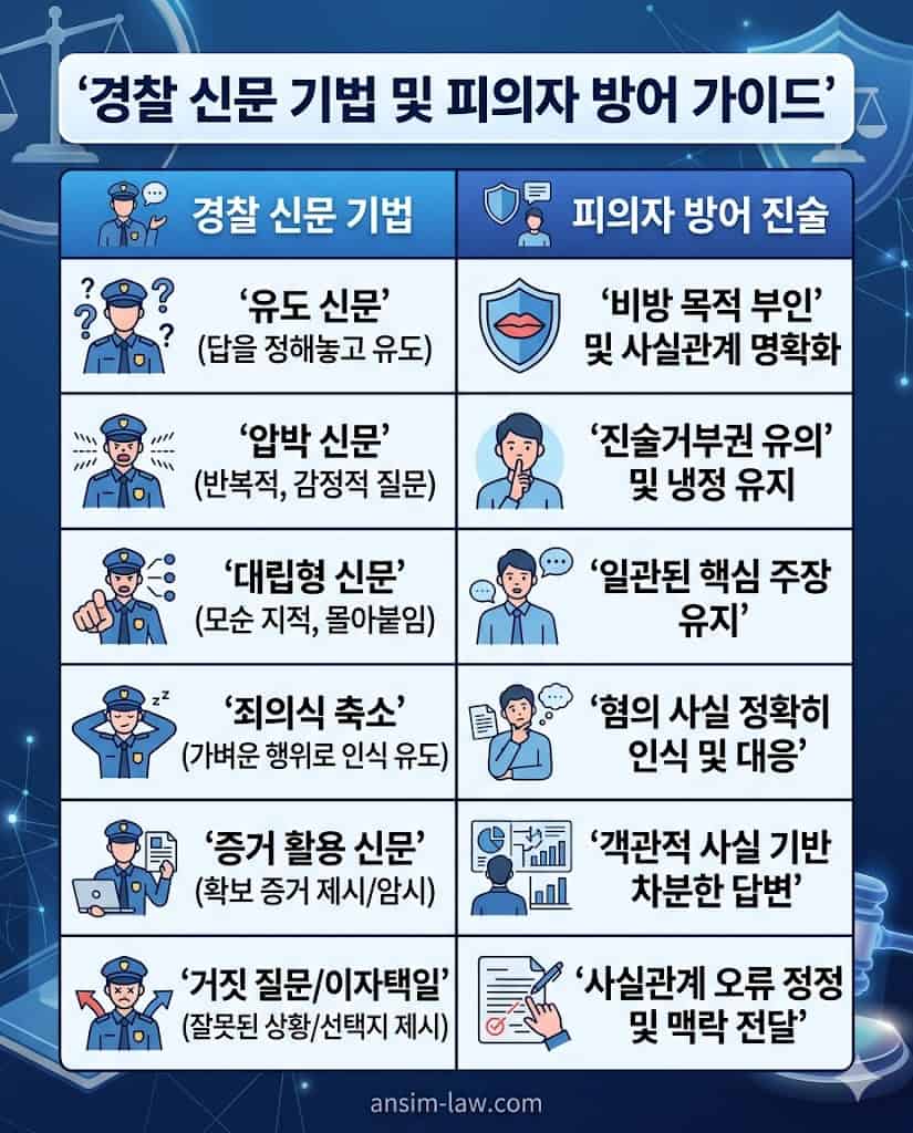 경찰 수사관의 유도 신문 기법과 피의자 진술 대응 지침 표
