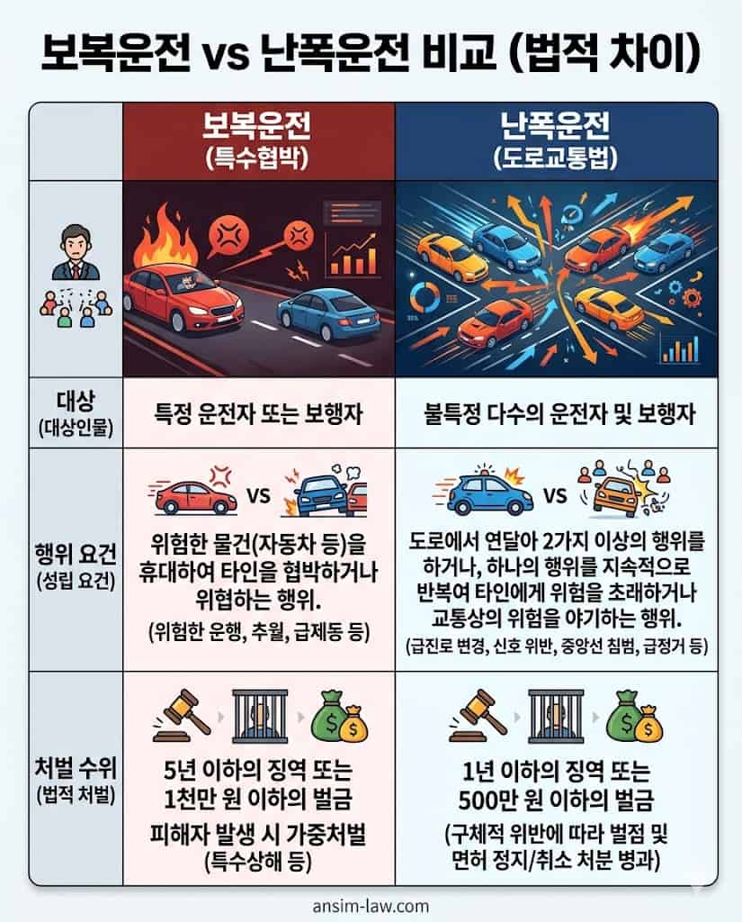 보복운전과 난폭운전의 처벌 수위 및 성립 요건 비교표
