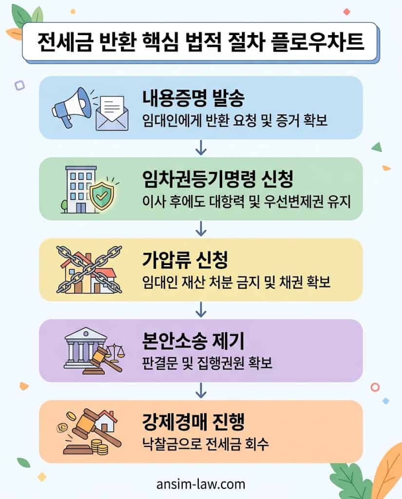전세금 내용증명 발송부터 부동산 강제경매 신청까지 이어지는 법적 절차 플로우차트