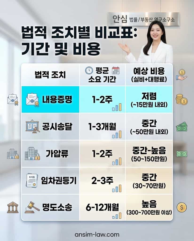 전세금 반환을 위한 내용증명 발송, 가압류 신청 등 주요 법적 조치별 평균 소요 기간과 예상 강제집행 법무사 비용 비교표