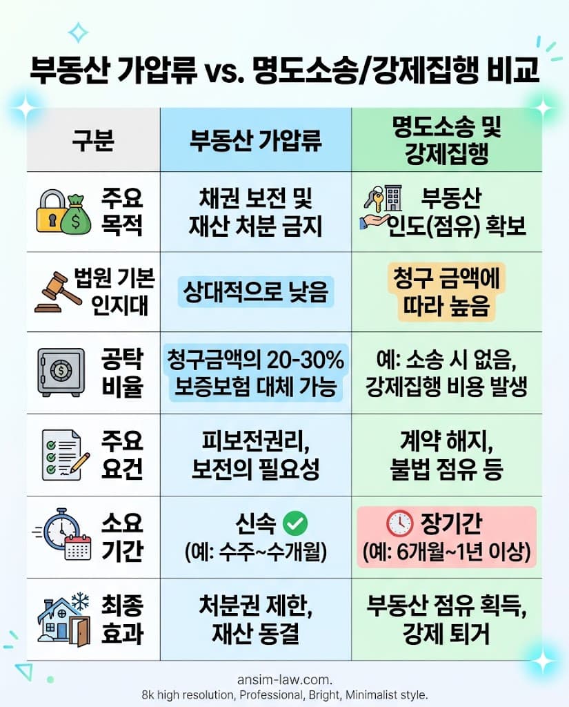 부동산 가압류와 명도소송의 소요 비용, 기간, 실효성을 비교한 실무 요약 표