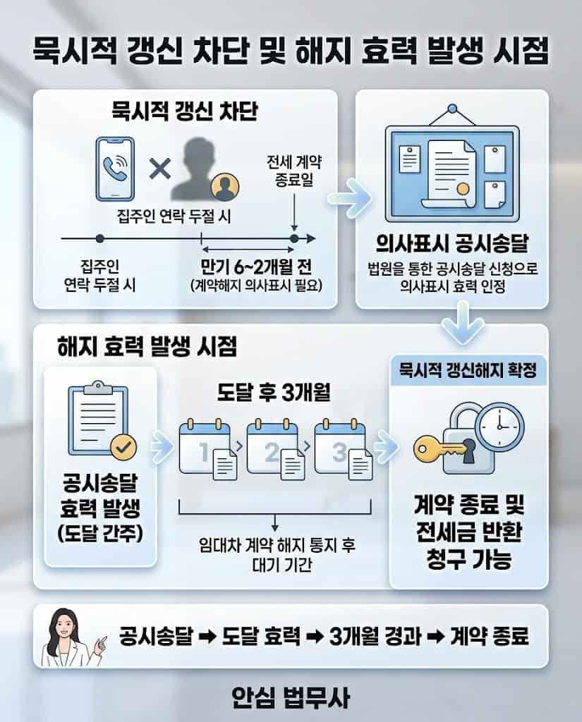 잠적한 악덕 집주인에 대한 공시송달 절차 요건과 적법한 임대차 계약해지 효력 및 묵시적 갱신 차단 시점 안내 인포그래픽