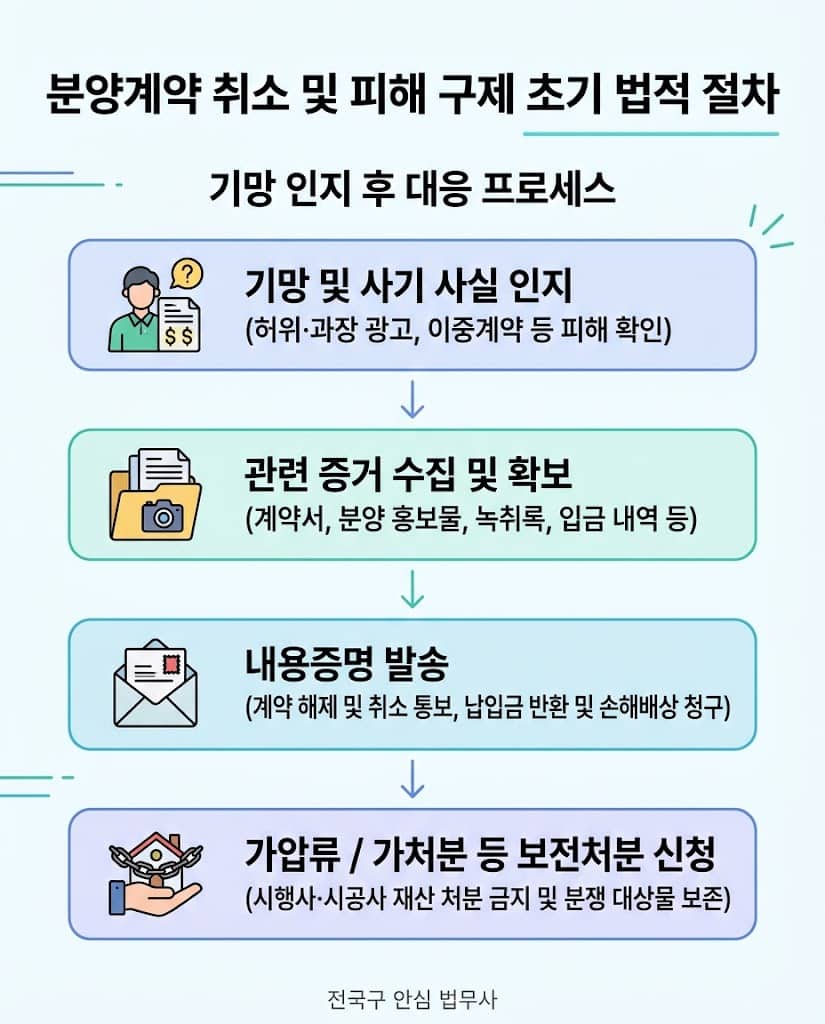 부동산가압류비용 및 분양계약 사기 인지 시 내용증명 발송 절차를 나타낸 인포그래픽