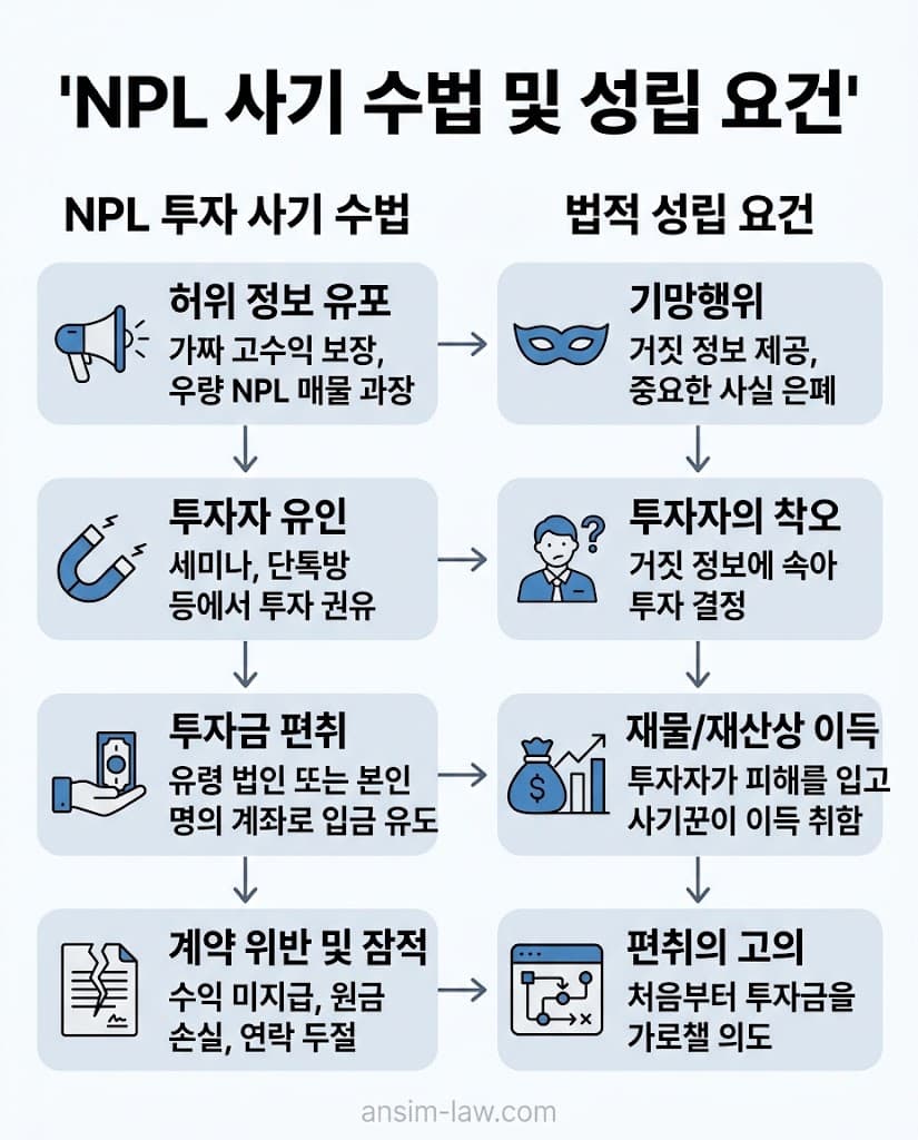NPL 투자 사기 소송 핵심 법리: 편취 고의 입증 및 유사수신행위 처벌 성립 요건 인포그래픽