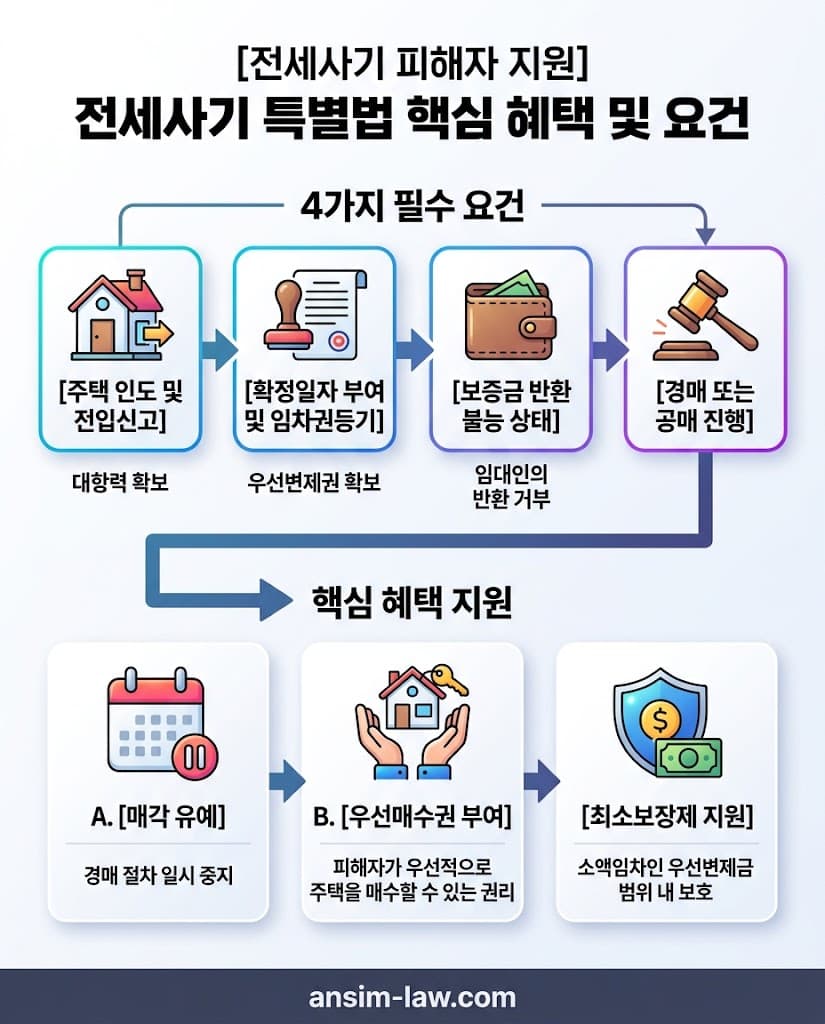 전세사기 특별법 피해자 지정 요건 및 소유권이전등기 법무사 연계 우선매수권 구제 혜택 플로우차트