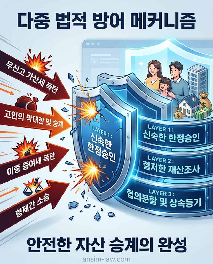 상속등기 진행 시 다발적 법적 공격을 차단하는 안심법무사 방어 구조도