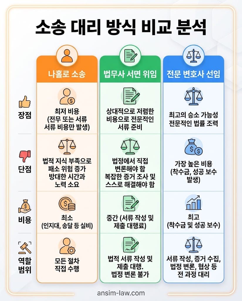 부동산소송전문변호사, 안심 법무사 선임의 장단점과 비용을 한눈에 비교한 표 인포그래픽