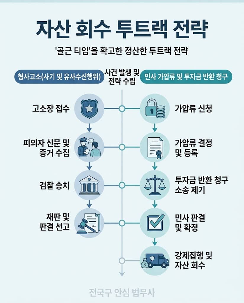 NPL 투자 사기 소송 승소 및 채권가압류 신청 타임라인 인포그래픽