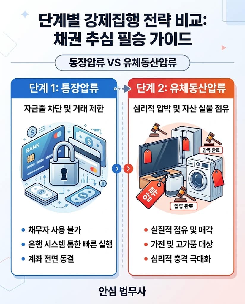 통장압류를 통한 자금줄 차단과 유체동산압류를 통한 심리적 압박 전략을 비교한 인포그래픽