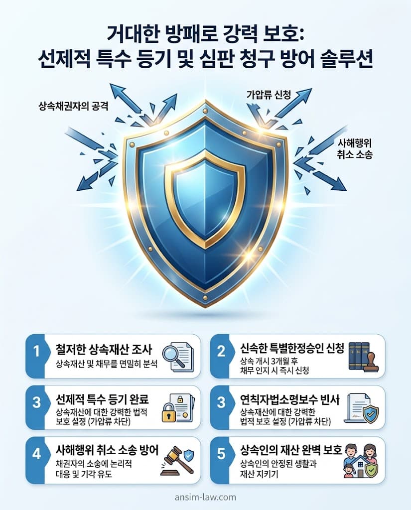 상속채무방어 및 특별한정승인 가압류 방어 전국구 안심법무사 선제적 솔루션 인포그래픽