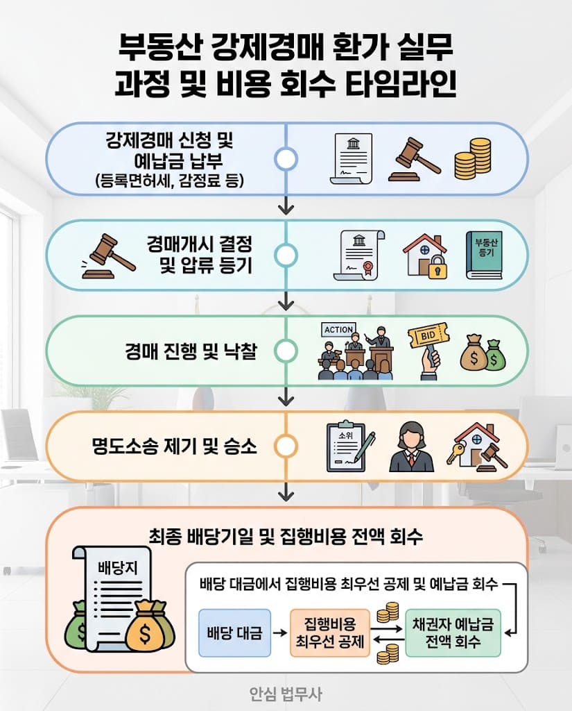 부동산 강제경매 진행 절차 및 선지출 집행비용의 최우선 배당 회수 구조 타임라인 인포그래픽
