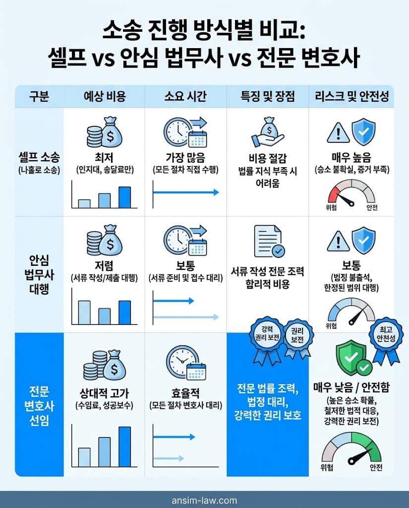 부동산전문변호사 선임비용 및 소유권이전등기 소송 리스크 장단점 비교 시각화 표