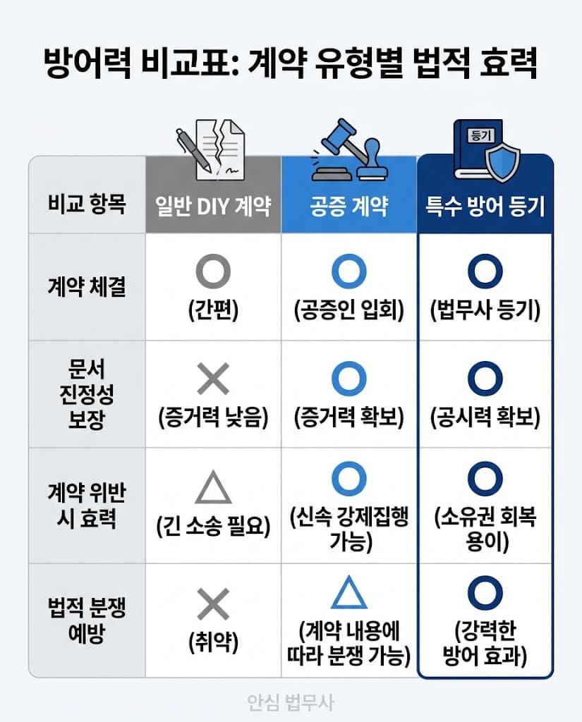 전국구 안심 법무사 제공: 일반 계약과 공증, 특수 등기의 증여 취소 방어력을 비교한 분석표
