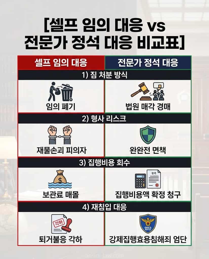 강제집행 짐 셀프 처리의 위험성과 부동산 명도소송 절차 법률 전문가 정석 대응 결과 비교