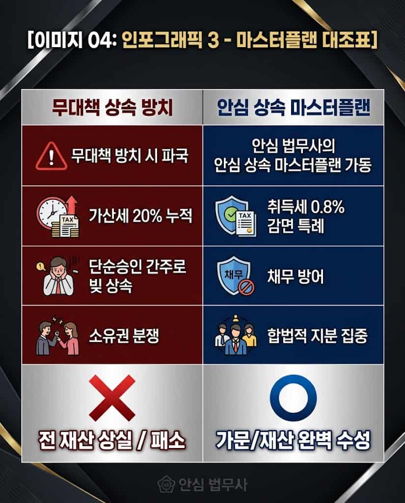 협의분할 상속등기 및 법정상속등기 방치 시 파국과 안심 마스터플랜 대조표